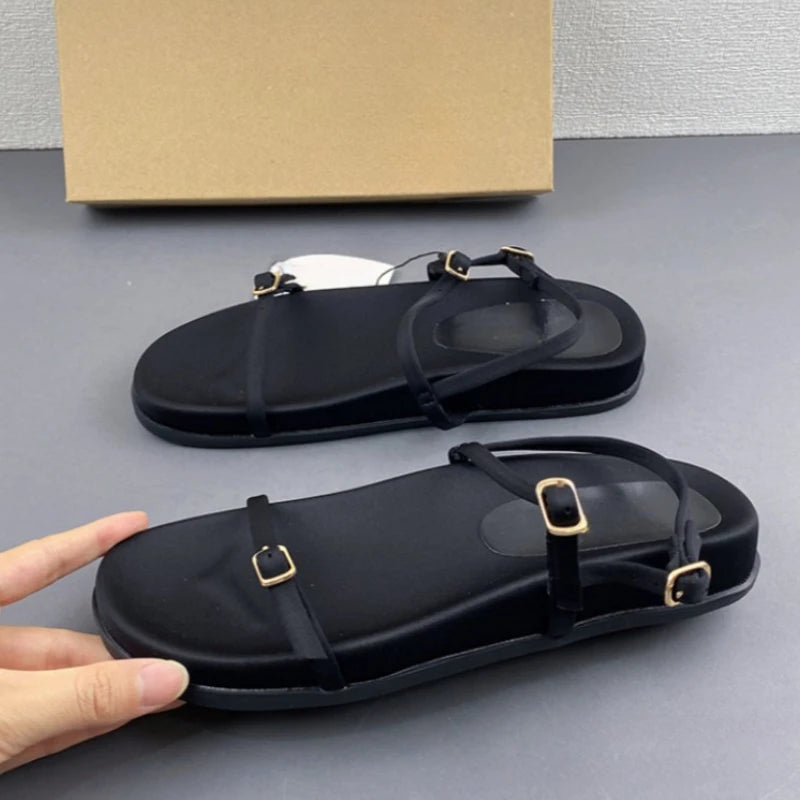 Women Flat Sandals Black Thin Straps 2025 Summer Comfortable Footwear New Design Casual Platform Ladies Beach Shoes Wholesale