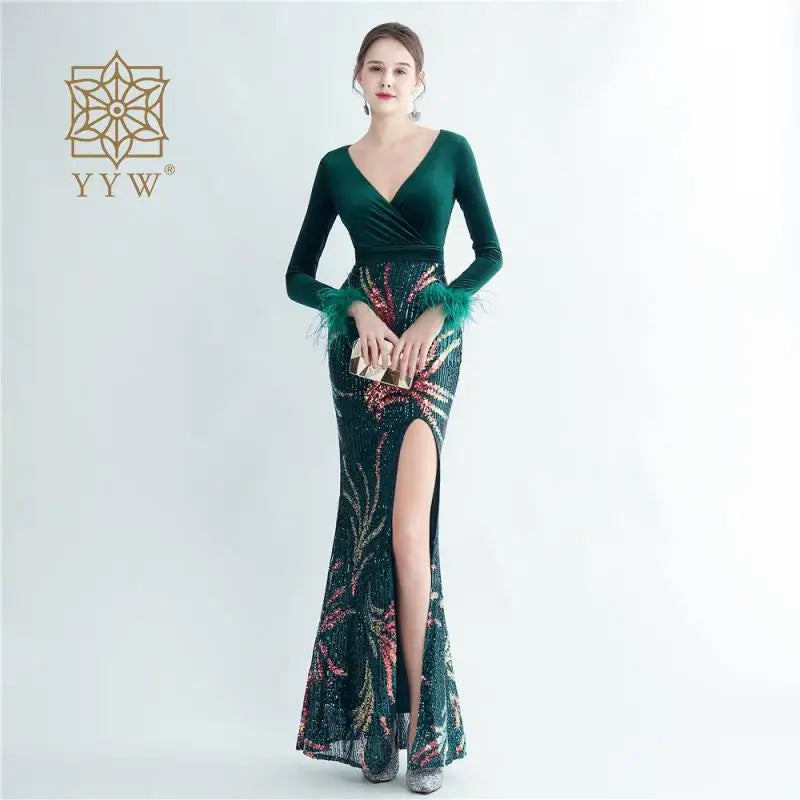 Black Dress For Women 2023 Deep V Autumn Winter Formal Evening Mermaid Long Sleeve Feather Maxi Cocktail Vestidos Celebrity Gown