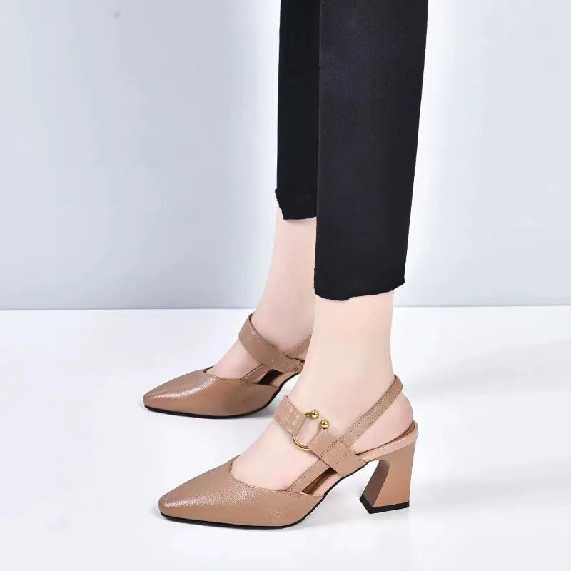 Sandals Baotou New Spring and Summer Medium Heel Block Heel One Buckle Women's Singles High Heels