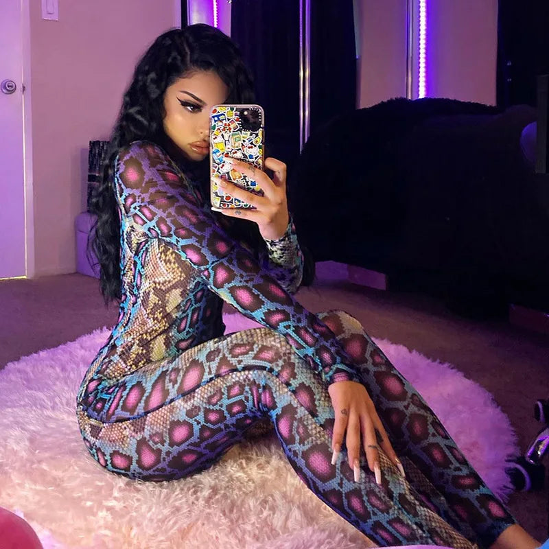 Women's Summer New Snake Patterned Long Sleeved Tight Fitting Jumpsuit One-piece Pants High Street Matching Nightclub Matching