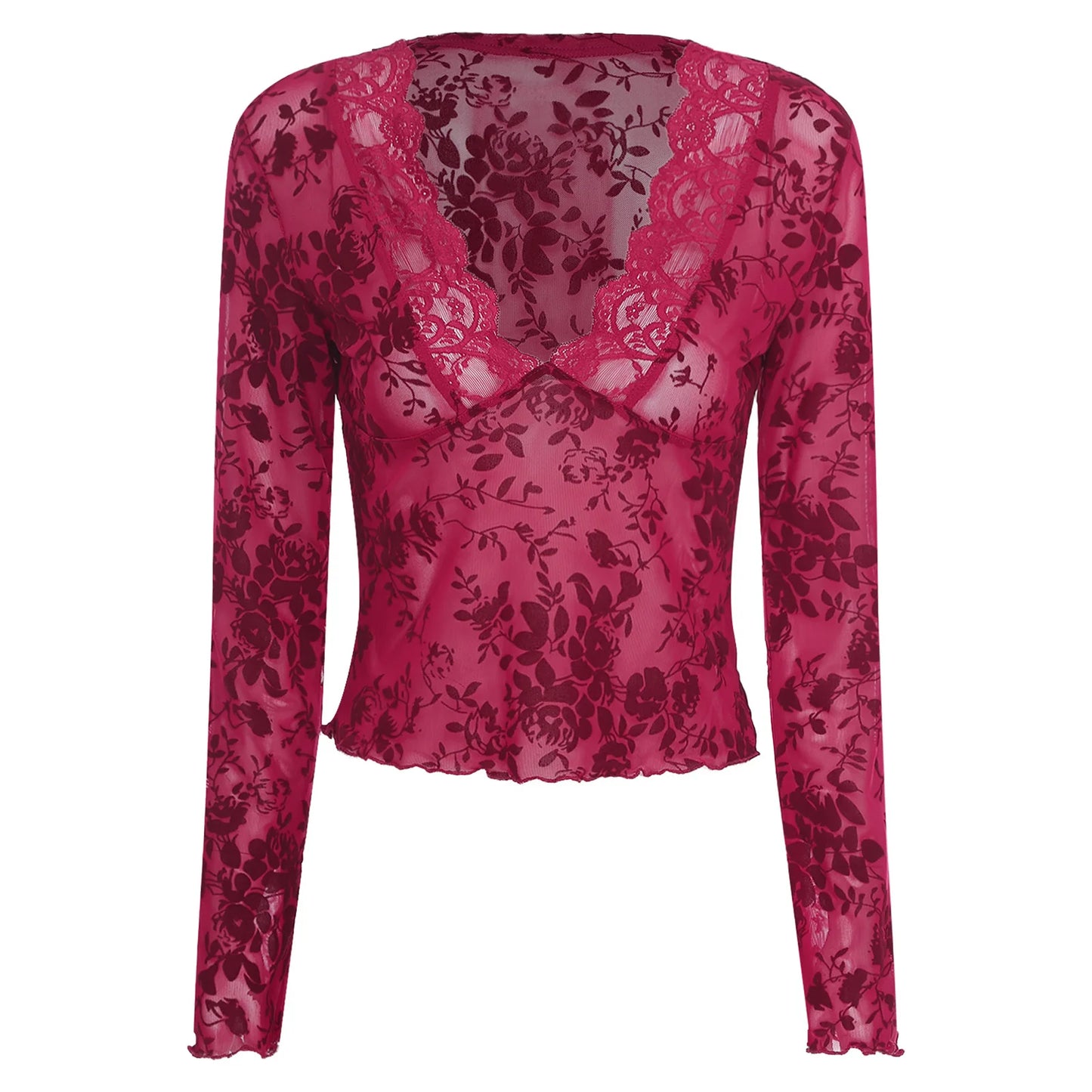 Womens Sheer Mesh Floral Crop T-shirt Tops Long Flared Sleeve V Neck Lace Trim Blouses Velvet Flocked Slim-fit Blouses Tops
