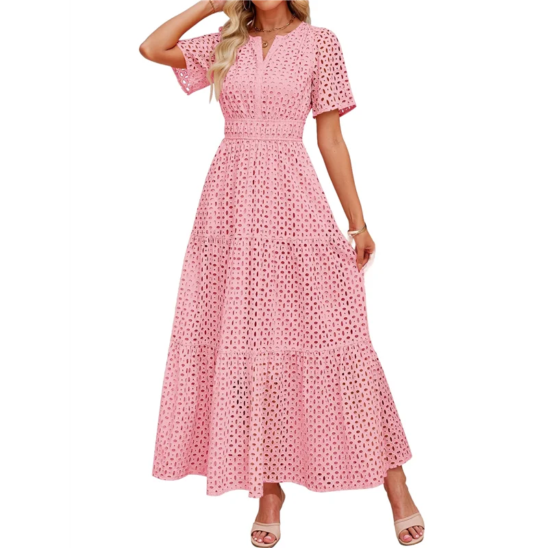 ASDS-Women's Summer Short Sleeve Maxi Dress Casual V Neck Hollow Out Eyelet Ruffle Swing A Line Long Dresses