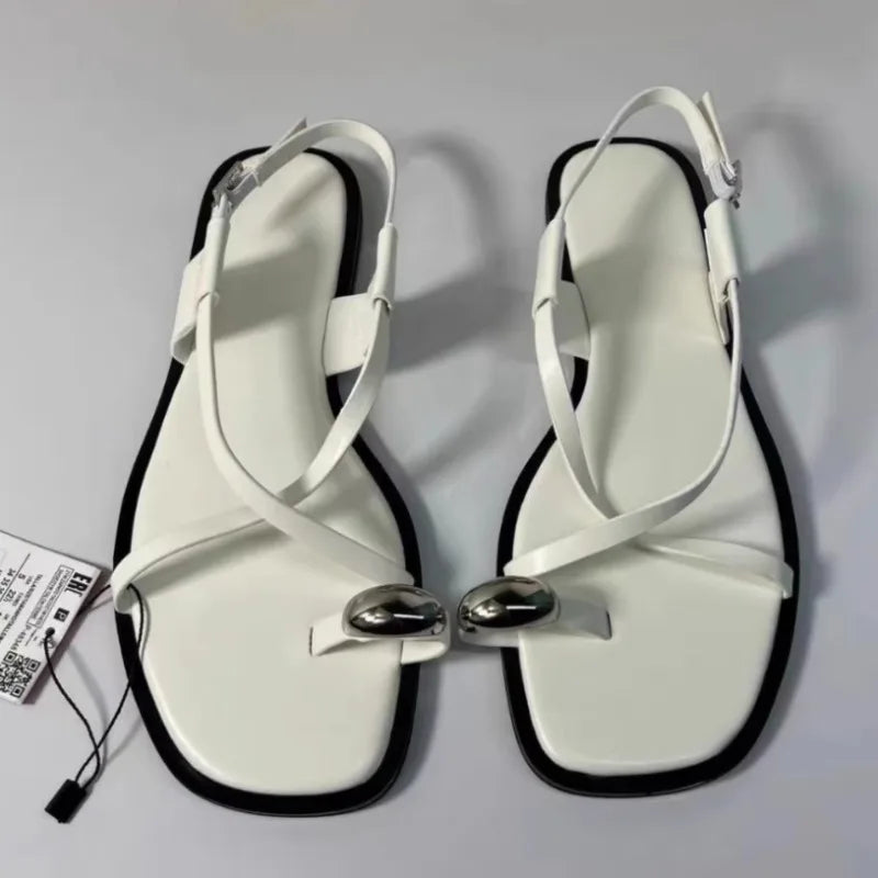 Sexy Thin Straps Flat Sandals Women 2025 Summer Footwear Chic Metal Square Toe Soft Leather Beach Traf Shoes for Lady Wholesale