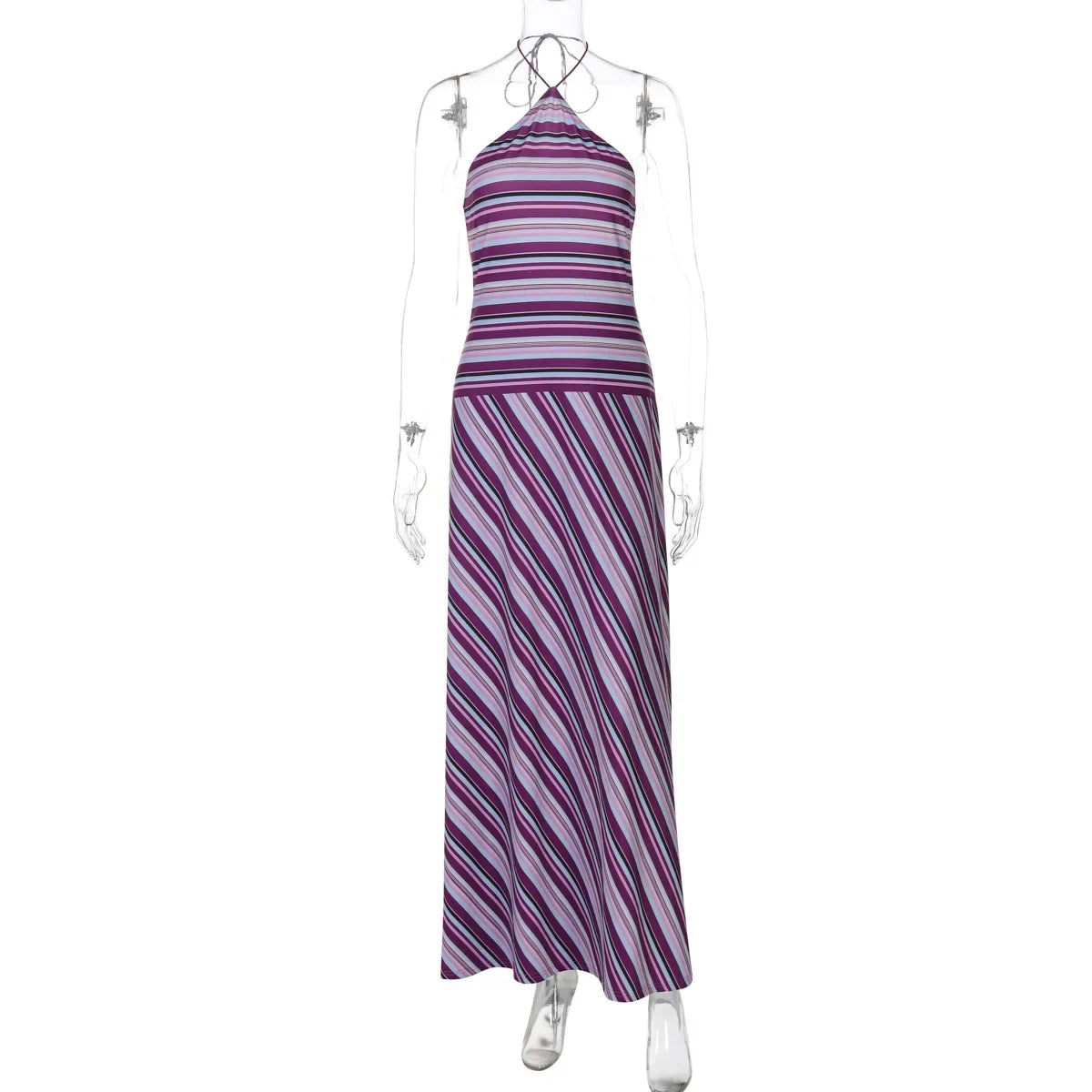 Striped Halter Print Sexy Maxi Dress For Women Off-shoulder Sleeveless Backless Lace-up Patchwork Fashion Holiday Dress