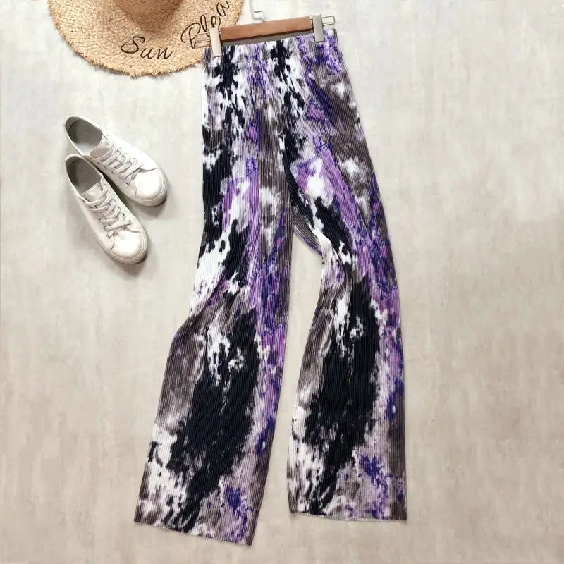 REALEFT 2024 New Spring Summer Painting Printed Long Pants Vintage High Waist Street Casual Loose Wide Leg Trousers Female