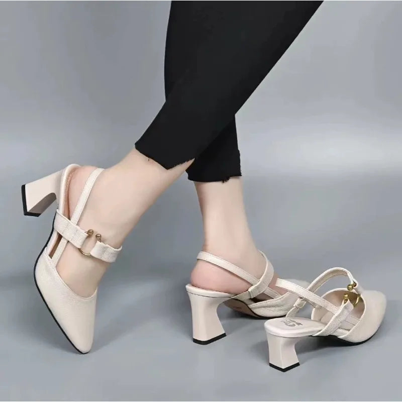 Sandals Baotou New Spring and Summer Medium Heel Block Heel One Buckle Women's Singles High Heels