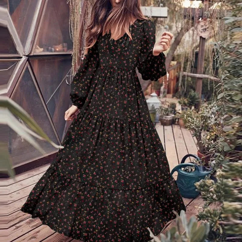 Casual boho Floral Print Long Dress For Women Elegant Party Maxi Dresses Spring Autumn Full Sleeve Ruffle Vintage Dress Female