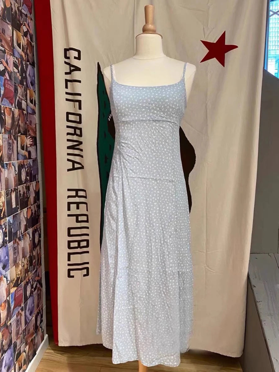 Floral Print Lace-up Maxi Dress Women Summer Blue Sleeveless A-line Long Dresses Female Casual Vintage Sweet Cute Vestidos New
