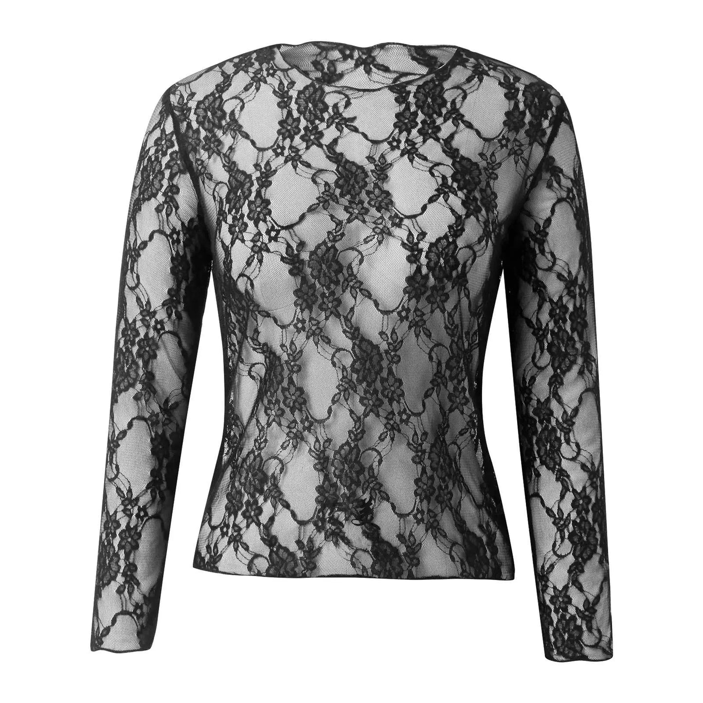 Women's Long Sleeve Floral Mesh Short Tops Casual See Through Mock Neck Sheer Lace Blouses Slim Fit Shirts