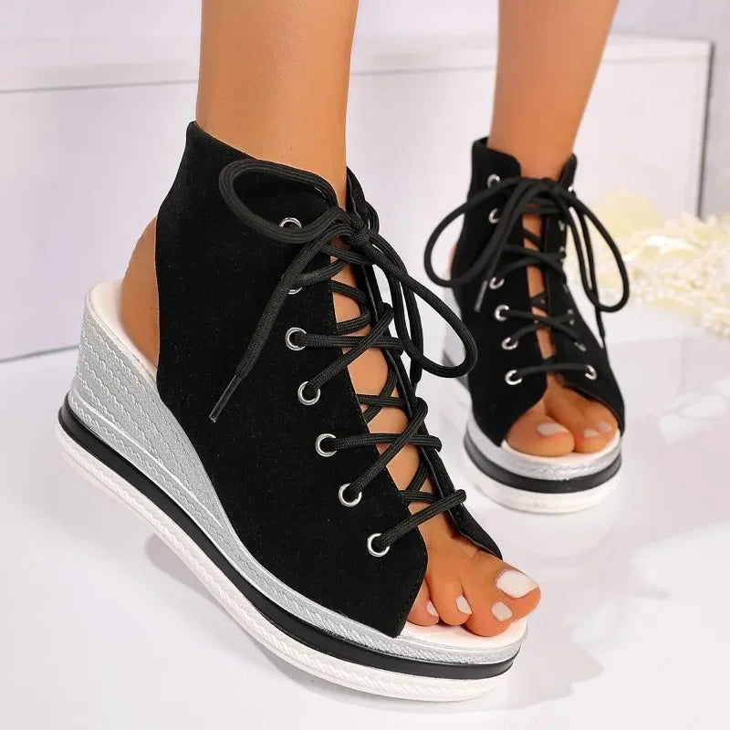 Wedge Sandals Women Summer New Round Toe Open Toe Front Strappy Platform Non-Slip Wear-Resistant Back Empty Heels Shoes