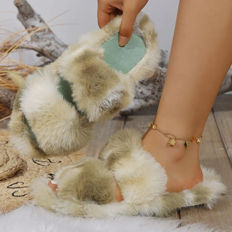 Soft Furry Cotton Slippers for Women Indoor Flat Heel Home Plush Slippers Woman Winter Non Slip Mix Color Cotton Slides Female