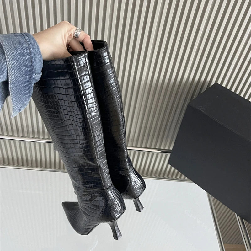 New Mixed Color Snake Patterned Side Zipper Knee High Boots Autumn Winter European American Fashion Pointed High-heel Long Boots