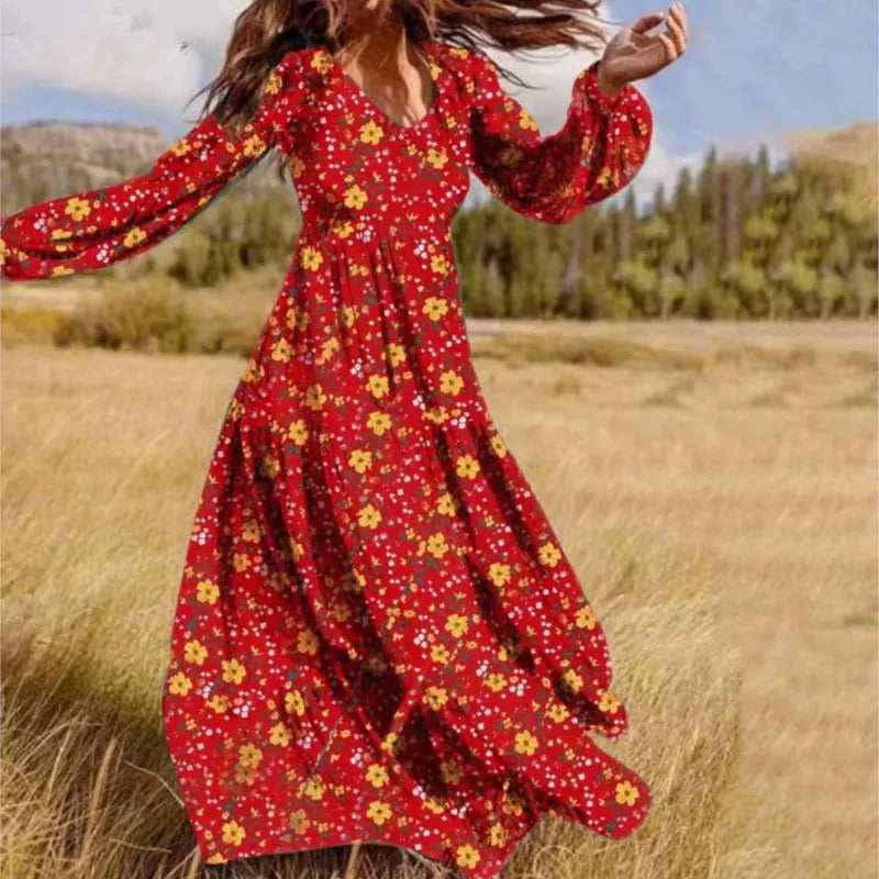 Casual boho Floral Print Long Dress For Women Elegant Party Maxi Dresses Spring Autumn Full Sleeve Ruffle Vintage Dress Female