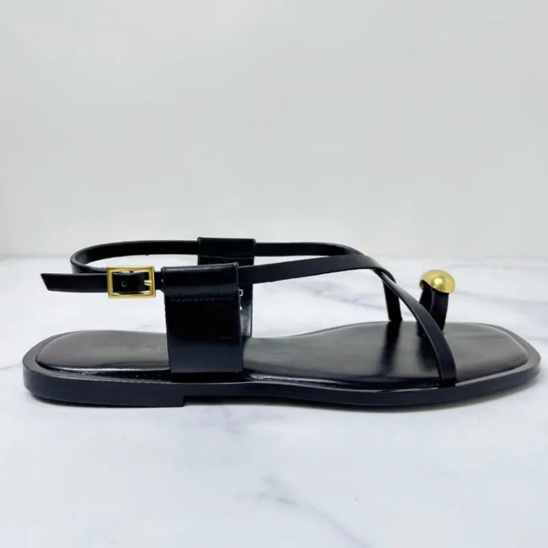 Sexy Thin Straps Flat Sandals Women 2025 Summer Footwear Chic Metal Square Toe Soft Leather Beach Traf Shoes for Lady Wholesale