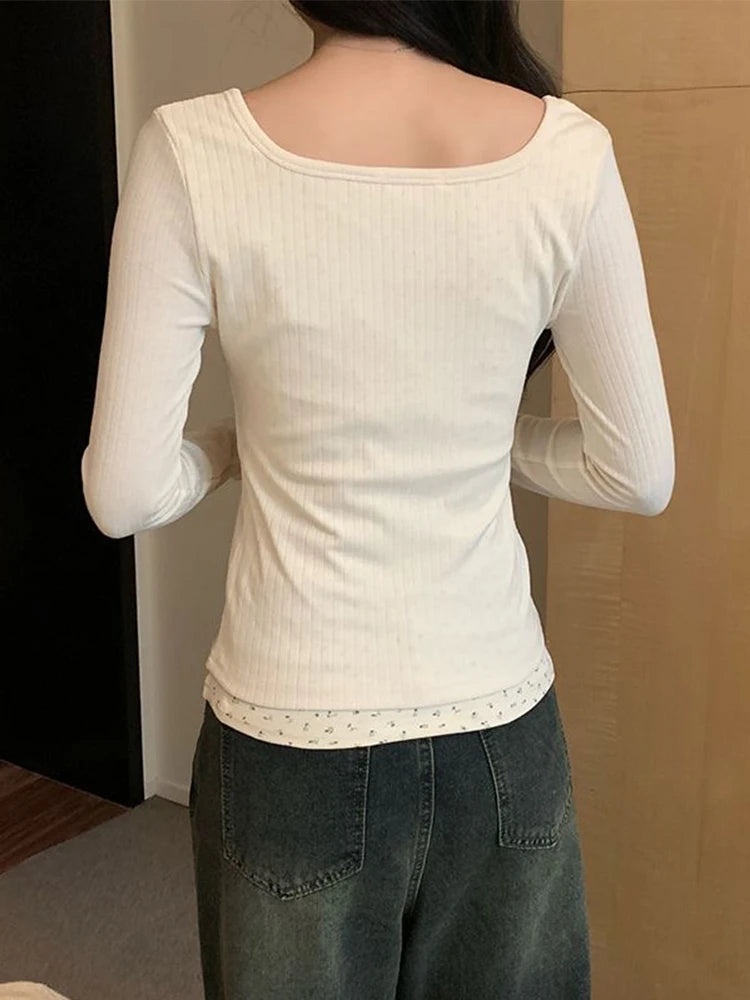 Floral Patchwork Long Sleeve T-shirt False Two-piece Lace Women Top 2025 Spring Slimming T-shirt Fashion Korean Style Clothing
