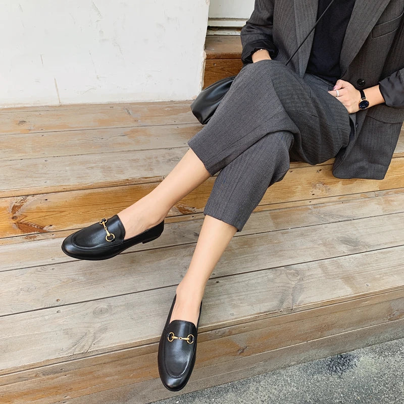 Solid Metal Buckle Loafers Spring Round Head Women Flats Outdooor Cover Heel Shoes Soft Sole Slip on Zapatos Mujer