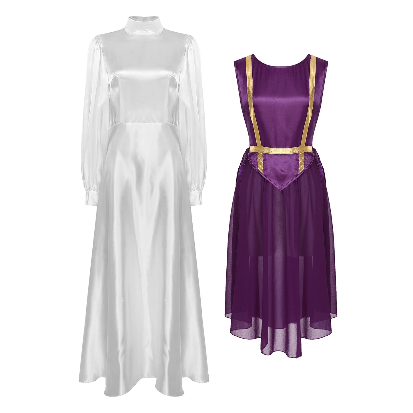 Women Liturgical Dance Choir Performance Costume Round Neck Sleeveless Lace-up Sides Split Satin Tunic Church Worship Dress Gown