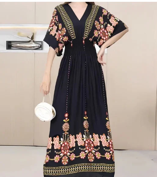 THHONE Vestidos De Mujer Casuales Dress Women Maxi Long Boho New Vacation Indian Robe Femmes Casual Floral V Neck Elastic Cotton