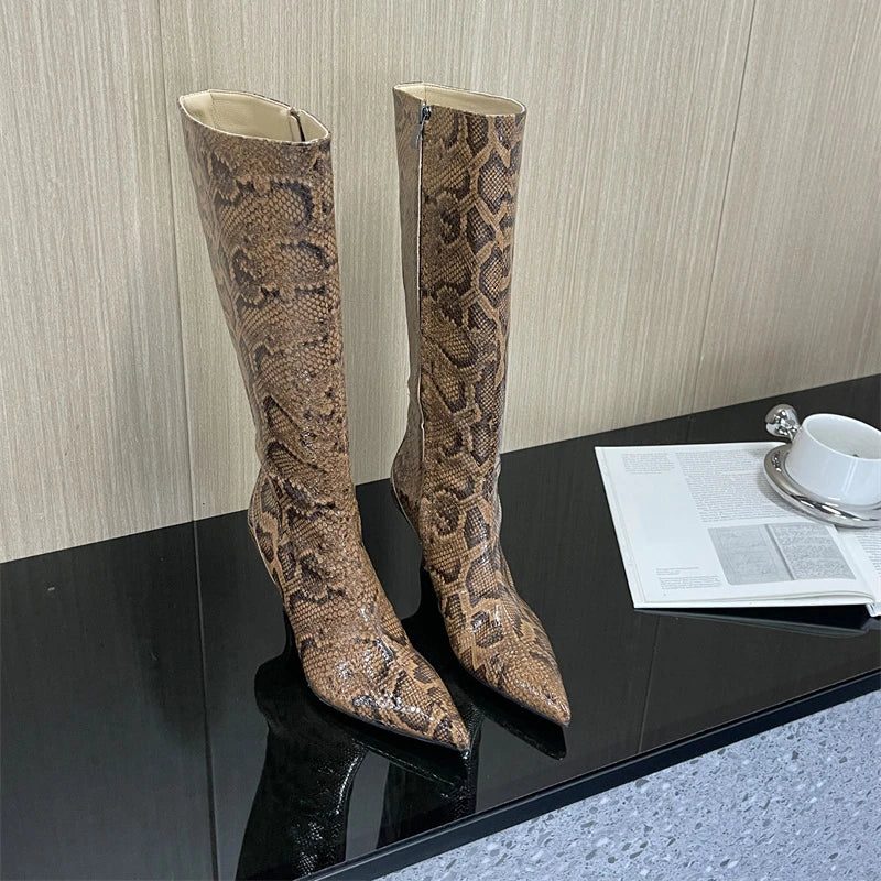 New Mixed Color Snake Patterned Side Zipper Knee High Boots Autumn Winter European American Fashion Pointed High-heel Long Boots