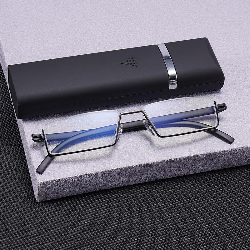 GLAUSA Reading Glasses TR90 Stainless Steel Half Frame Anti-Reflective Unisex Women Men Optical Mirror Presbyopia Eyewear Case