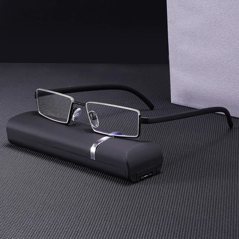 GLAUSA Reading Glasses TR90 Stainless Steel Half Frame Anti-Reflective Unisex Women Men Optical Mirror Presbyopia Eyewear Case