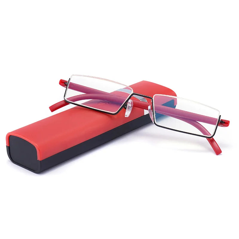 GLAUSA Reading Glasses TR90 Stainless Steel Half Frame Anti-Reflective Unisex Women Men Optical Mirror Presbyopia Eyewear Case