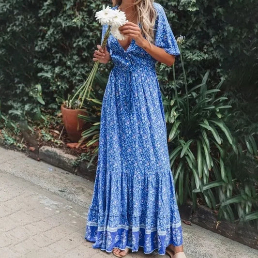 Boho Maxi Dress Women Retro Floral Print Short Sleeve V Neck High Waist Dresses Female Summer Beach Long Dress Ladies Vestidos