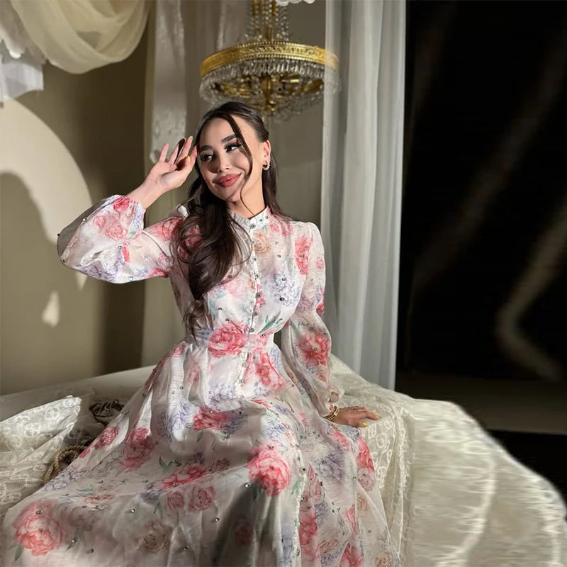 Women's Elegant Floral Printed Long Dress with Belt Casual Long sleeves Slim Fit Maxi Skirt 2025 Summer Fashion Evening Dress