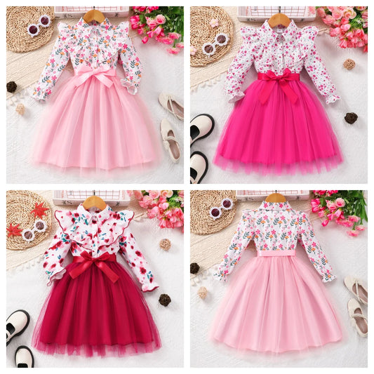 Long Sleeve Mesh Girls Stylish & Cute Ruffle Button Up Belted Dress for Fall & Winter Holiday, Outdoor Cloth with Floral Pattern