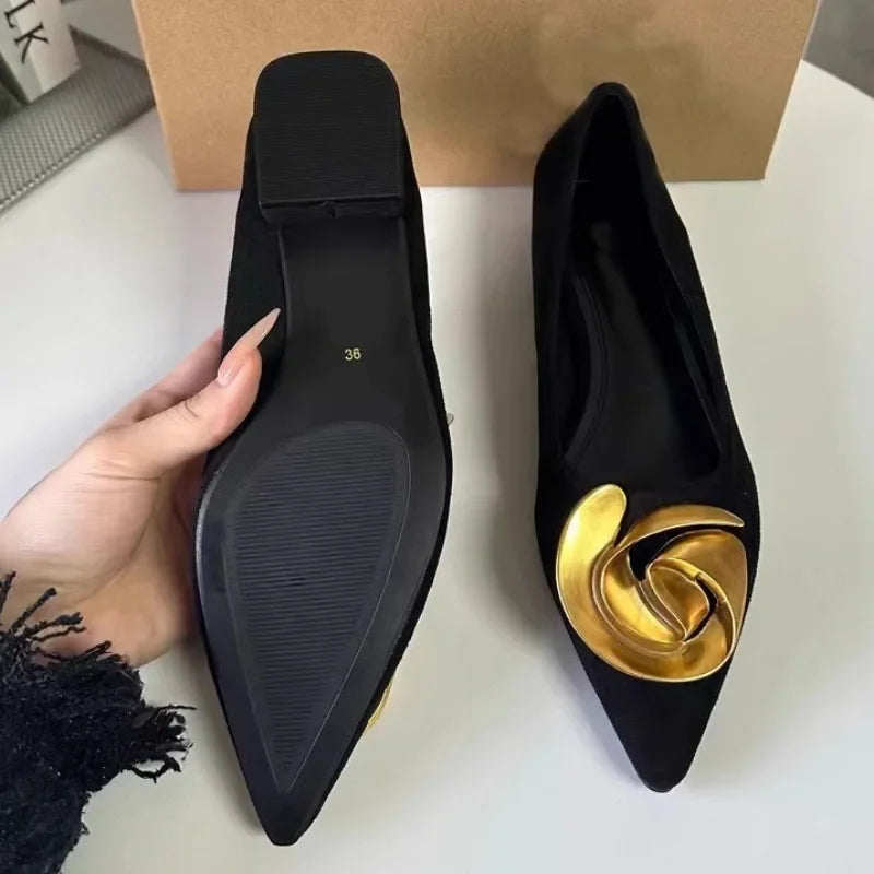 Pointed Toe Summer Women Flats Elegant Metal Flower 2025 Trend Black Luxury Female Dress Shoes Solid Work Office Footwear