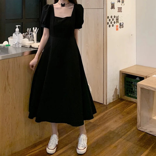 Women Versatile Retro Church Midi Dress Lady Soft Elegant Banquet Dress Female Formal Occasion Classic Concise Black Dresses