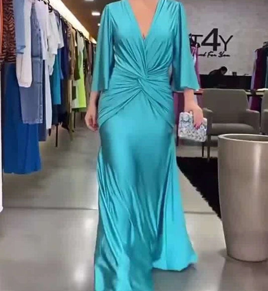 Maxi Dresses for Women V Neck Long Sleeve Long Dress Female Elegant Autumn New Solid Party Dresses A Line Loose Hem