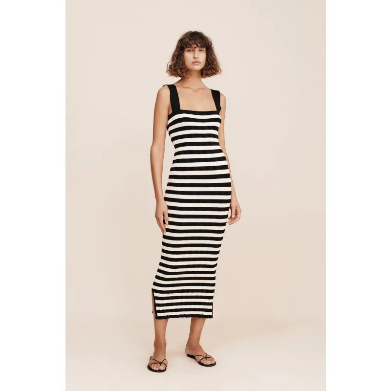 Striped High Waist Backless Maxi Dress Women Contrast Split Slim Fashion Off-Shoulder Autumn 2024 Party Dress Streetwear