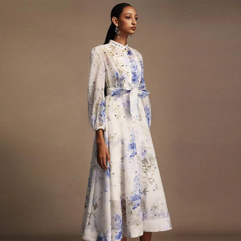 Women's Elegant Floral Printed Long Dress with Belt Casual Long sleeves Slim Fit Maxi Skirt 2025 Summer Fashion Evening Dress