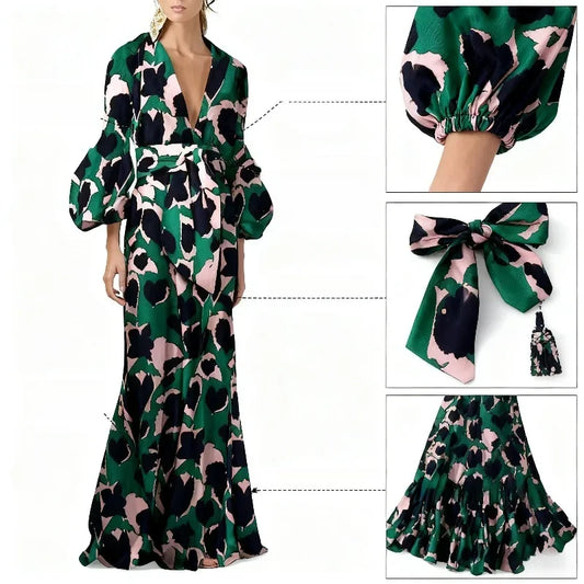 Bohemian Bird Print Maxi Dress Elegant V - Neck Bell Sleeve Tiered Dress for Vacation Party & Daily Wear