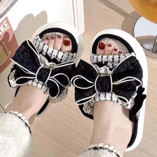 Summer Women's Linen Slippers Indoor Home Non-slip Shoes Cute Platform Sandals Fashionable Black Bow Shoes Soft and Comfortable