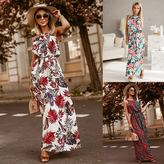 Elegant Bohemian Style Colorful Floral Print Long Dress Sleeveless Halter Neck Maxi Robe for Women Temperament Hanging Design