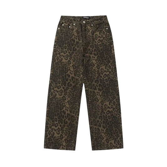 Simple Baggy Leopard Print Jeans Straight Leg Retro Cowboy Pants Ins Style Wide Leg High Waist Pants Party