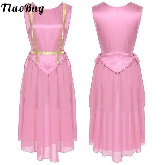Women Liturgical Worship Dance Tunic Dress Church Praise Costume Sleeveless Lace-up Sides Split Satin Long Dress Choir Robe