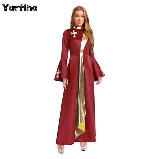 Womens Pastor Church Choir Dress Christian Priest Dress Halloween Costume Metallic Shiny Catholic Clergy Dress with Flared Cuffs