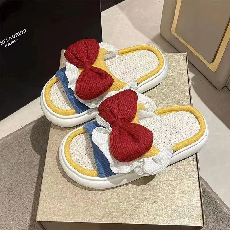 Summer Women's Linen Slippers Indoor Home Non-slip Shoes Cute Platform Sandals Fashionable Black Bow Shoes Soft and Comfortable