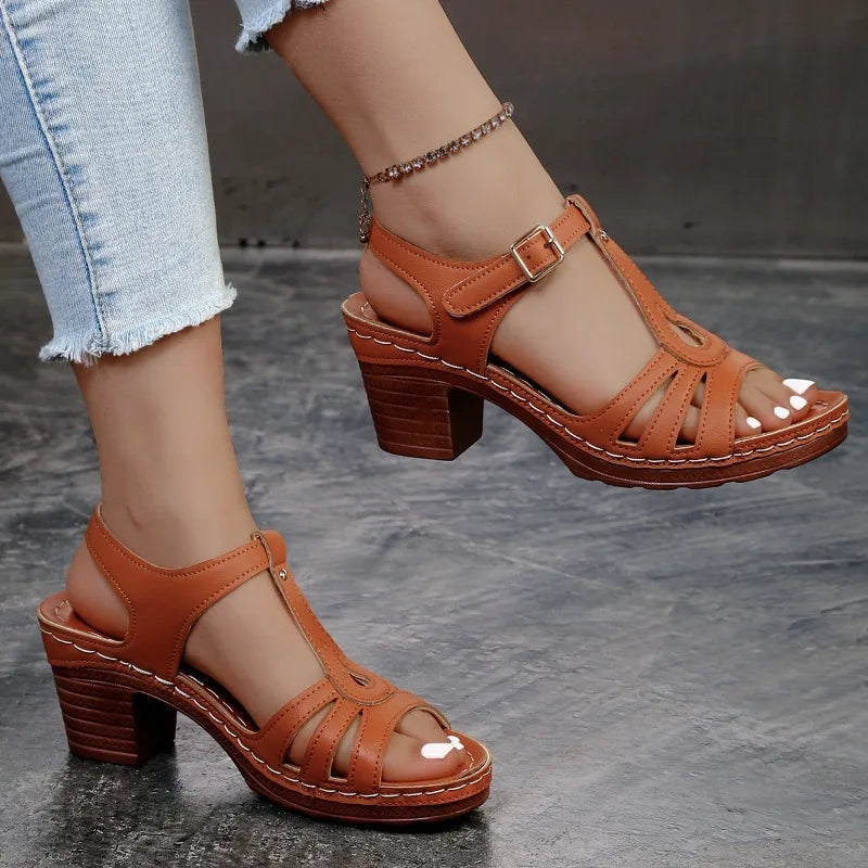Women's High Heel Sandals 2025Summer New Wedge Heel Sandals Retro Leather Sandals Ladies Casual Platform Sandal Sandalias Mujer