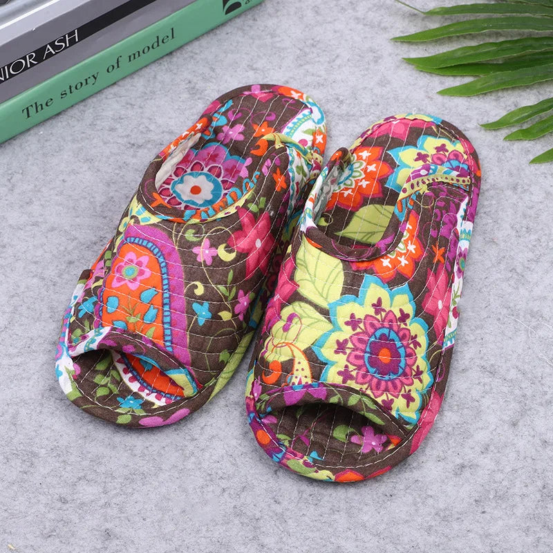 Women's indoor slippers, spring and autumn soft cotton slippers, women's retro floral home bedroom slippers
