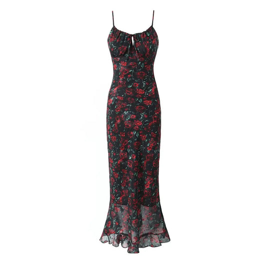 Midi Dresses For Women 2025 Summer Bodycon Midi Dresses Sexy Long Dress Elegant Black Floral Dress Front Tie Vintage Clothes