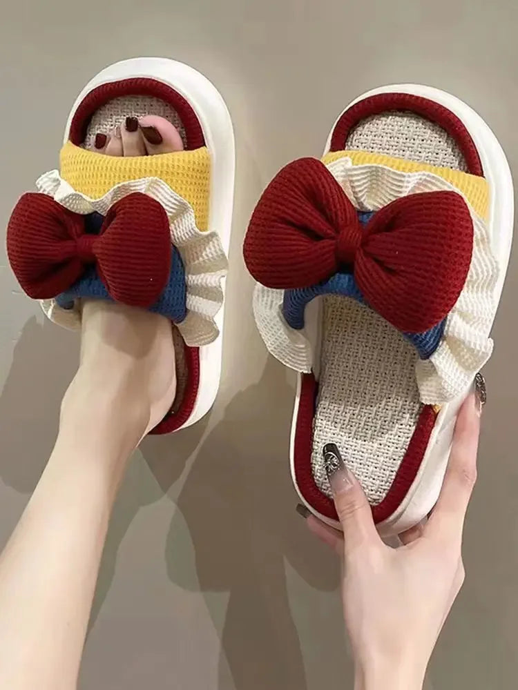 Summer Women's Linen Slippers Indoor Home Non-slip Shoes Cute Platform Sandals Fashionable Black Bow Shoes Soft and Comfortable