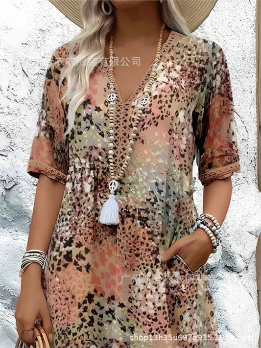 Vintage Midi Dresses For Women 2025 Boho Style Floral Print Loose Long Dress Casual Short Sleeve V-Neck Dress Robe Femme