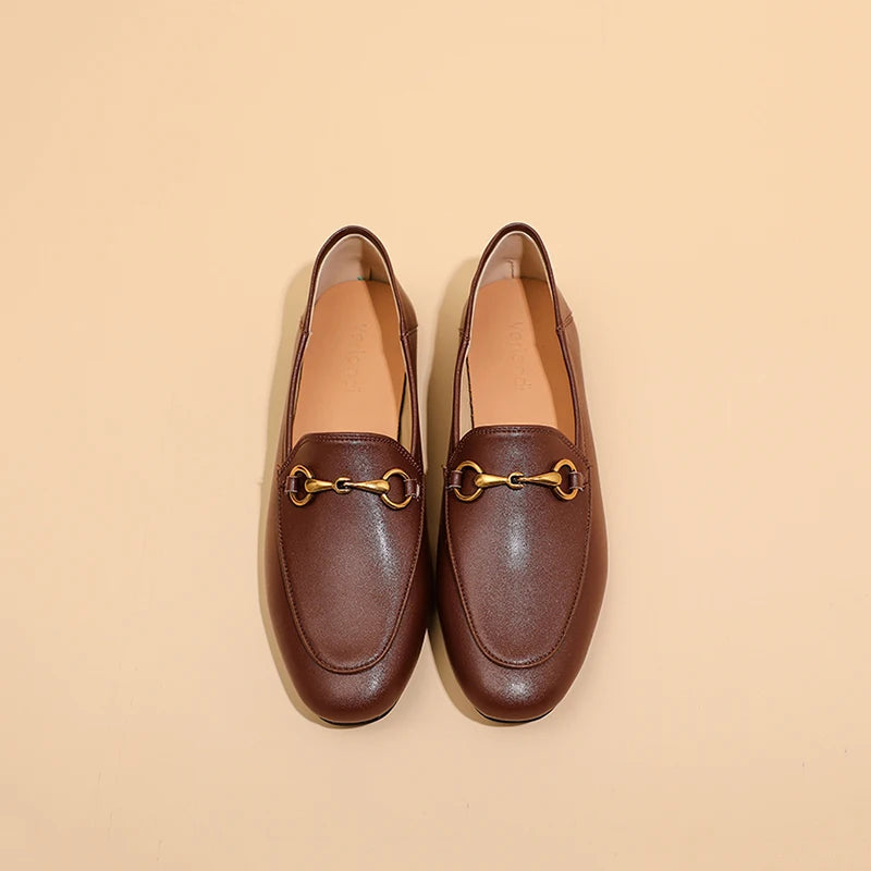 Solid Metal Buckle Loafers Spring Round Head Women Flats Outdooor Cover Heel Shoes Soft Sole Slip on Zapatos Mujer