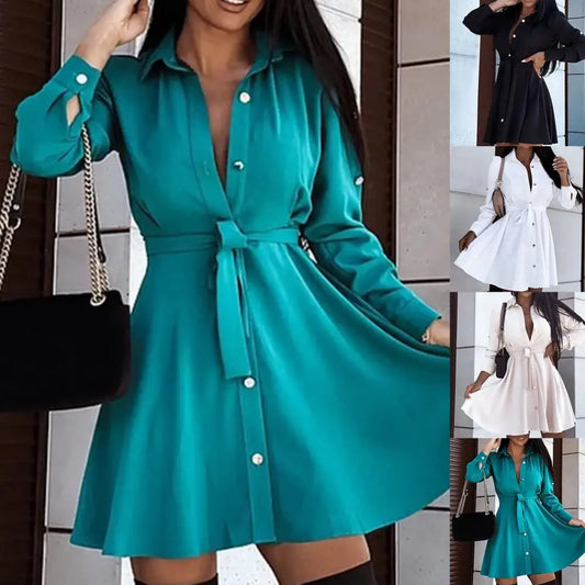 Elegant White Mini Shirt Dress Woman Autumn Long Sleeve Office Ladies Dresses Belt Casual Black Button Lace Up A-line Robe Femme