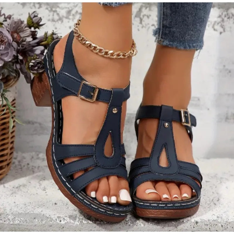 Women's High Heel Sandals 2025Summer New Wedge Heel Sandals Retro Leather Sandals Ladies Casual Platform Sandal Sandalias Mujer