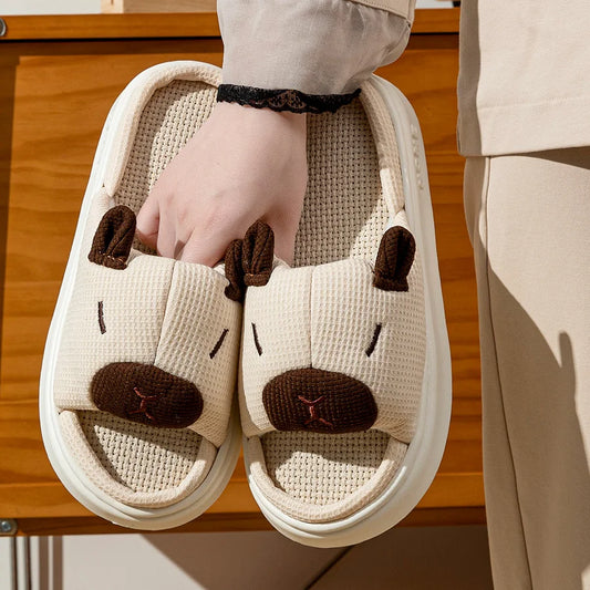 Women's Indoor Soft Home Slippers Summer Cute Capybara Cartoon Flax Thick Sole Anti-slip Bedroom Comfortable Fashion Shoes